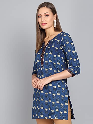 Image of Rapsodia Womens Cotton Navy Blue Floral Printed Short Kurti with Embroiderey