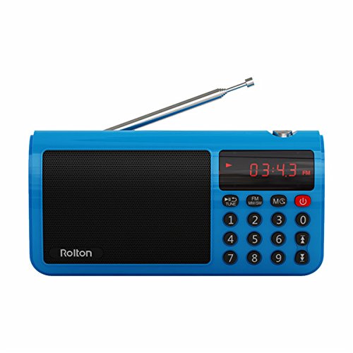 Rolton T50 Portable Radio, front view, blue color, showing speaker grille, digital display, numeric keypad, and power button. An extendable antenna is visible on top.
