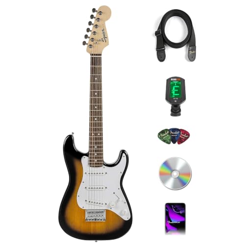 Fender Squier 3/4-Size Kids Mini Strat Electric Guitar - Brown Sunburst Bundle with Tuner, Strap, Picks, and Austin Bazaar Instructional DVD