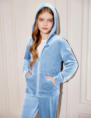 Image of Arshiner 2 Piece Outfits for Girls Kids Velour Tracksuit and Jogger Set | Size 5-14Y, Velvet Sweatsuit with Zipper for Fall /Winter, Suit for School, Workout, Jogging, or Casual Occasions