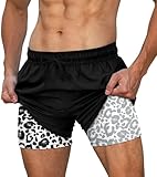Cozople Mens Bathing Suit with Compression Liner Slim Fit 5.5 Inseam Swim Trunks Fashion Leopard Print Quick Dry Board Shorts Black Bathing Suits L