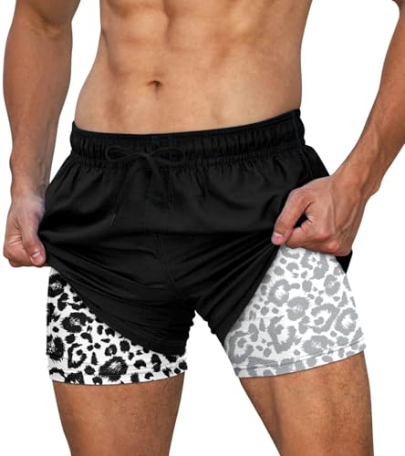 Cozople Mens Bathing Suit with Compression Liner Slim Fit 5.5 Inseam Swim Trunks Fashion Leopard Print Quick Dry Board Shorts Black Bathing Suits L