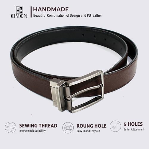 Image of CIMONI Reversible Leather Belt for Men | Genuine Leather & Vegan Leather Pin Buckle Belt | Classic Black /Brown Adjustable Belt for Formal, Business, Office & Casual Wear