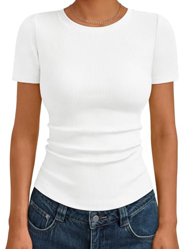 Trendy Queen Womens Short Sleeve Shirts Crewneck Ribbed Knit Slim Fitted T-Shirt Summer Basic Tee 2025 Tops
