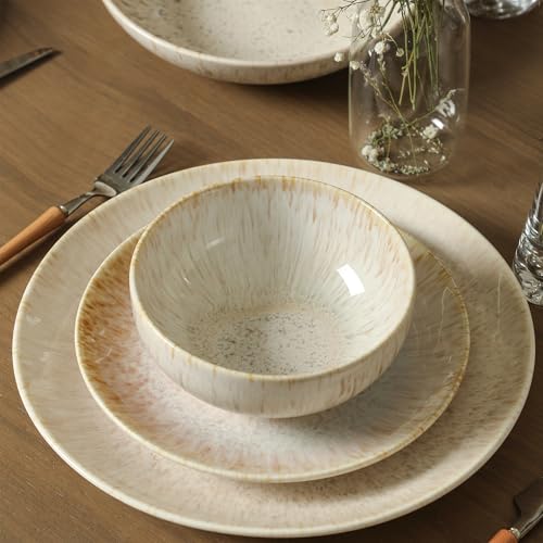 Image of Stone Lain Riley 12-Piece Dinnerware Set Stoneware, Plates and Bowls Set, Dishwasher and Microwave Safe, Dish Set for 4, Sand