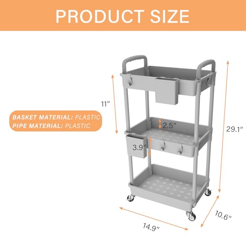 Image of 3 Tier Rolling Utility Cart with Handle,REBECAT Utility Cart Made of Multifunctional Storage Organizer Tool for Kitchen,Bathroom,Living Room,Office(Gray)
