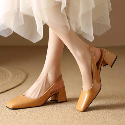 Women's Patent Leather Chunky Heels Slingback Pumps Fashion Closed Square Toe Elastic Buckle Block Heel Sandals Slip On Party Dress Work Shoes4