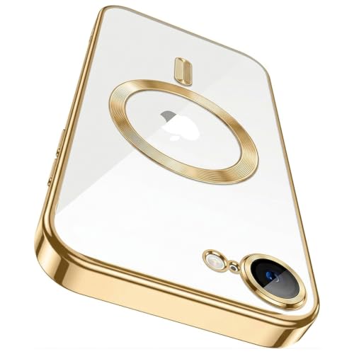 Image of VONZEE Electroplating Transparent Clear Logo Back Cover TPU Compatible with iPhone 17e Case /iPhone 16e Case, Compatible with Magsafe, Camera Protection for Each Lens for Men & Women(Gold)