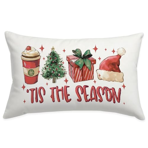 Wheatwin Tis The Season Christmas Decor Pillow Covers 12x20, Rustic Winter Christmas Indoor Outdoor Decorative, Farmhouse Retro Throw Pillows Cases for Home Bed Living Room Couch Decor