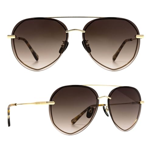 DIFF Lenox Oversized Aviator Sunglasses for Women UV400 Protection, Designer Lightweight Gold Stainless Steel Frames