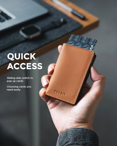 Image of VULKIT Minimalist Card Holder Wallet Top Grain Leather Pop Up Cards RFID Protection Holds Up to 10 Cards, Magnetic Closure