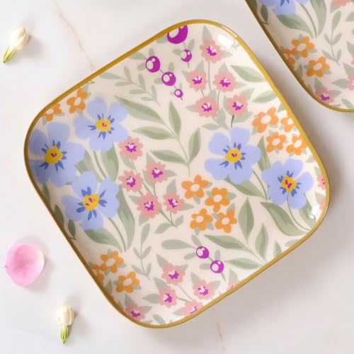 Image of Nestasia Serving Tray Set of 2 with Gift Box - Elegant Floral Print Snacks Plate with Golden Rim for Decoration & Gifting | Food Safe, Rust-Resistant & Premium Finish Platter - Perfect for Home Decor
