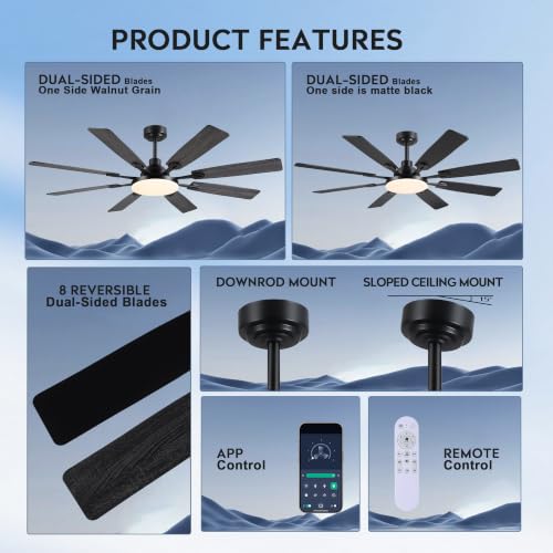 Image of JSAITEE 60In Ceiling Fans with Lights - Black Low Profile Fan Light with 8 Blades, 6 Wind Speeds Reversible, Dimmable, Modern Light Fixture for Indoor Living Room, Kitchen, Coverd Patios