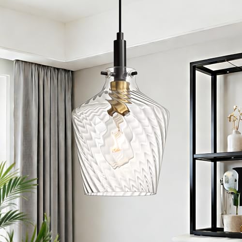Image of Stripes Clear Glass Pendant Light for Kitchen Island Black Gold 8 Inch | Adjustable cord Dimmable, E26 bulbs, Rust-resistant Damp Rated For Bathrooms, 5-Year Manufacturer Warranty, UL Certification