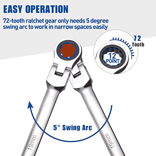 Image of 6-Piece Extra Long Flex-Head Ratcheting Wrench Set, 72-Tooth Double Box End Wrench Set, CR-V Steel ratcheting wrenches with Metric 8mm - 19mm