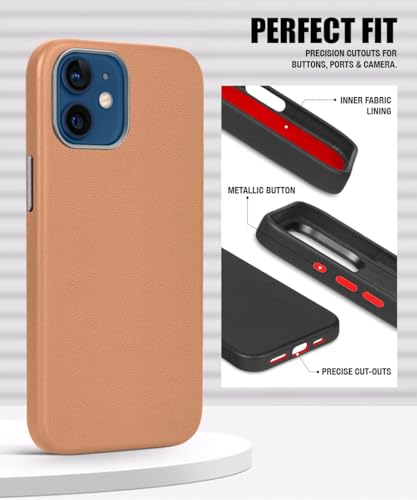 Image of WOW IMAGINE Back Cover for iPhone 12 | Shockproof Tough Leather Texture Hard Mobile Case | Ultra Slim Non-Slip Grip | Inner Velvet Fabric | Metal Camera Ring - Tan Brown