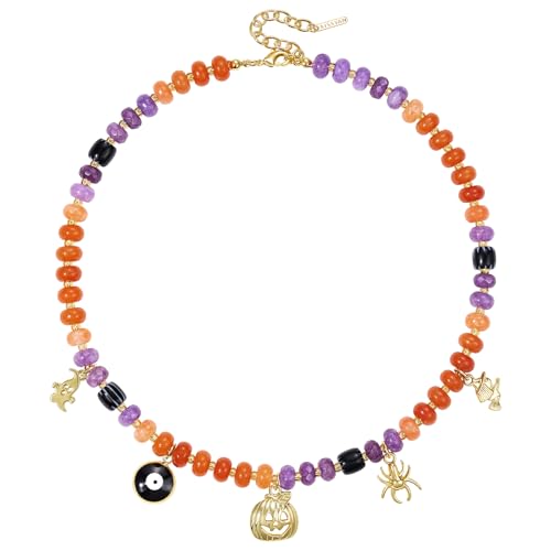 KissYan Halloween Beaded Charm Necklace, Natural Gemstone Choker with 14K Gold Plated Pumpkin Witch Pendant Party Costume Dress Up Jewelry for Women