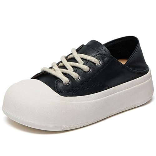 Women's Fashion Chunky Platform Wide Toe Lace-up Sneakers Sport Shoes Comfortable Round Head Leather Non-Slip Soft Sole Walking Shoes