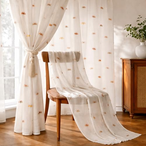 Image of THE LINEN COMPANY Cotton Linen Extra Long Sheer Door Curtains, Breathable Semi Transparent Drapes with Rod Pocket, Soft Light Filtering Privacy Curtain for Home Decor, Dragon Print, 9 Feet, Pack of 2