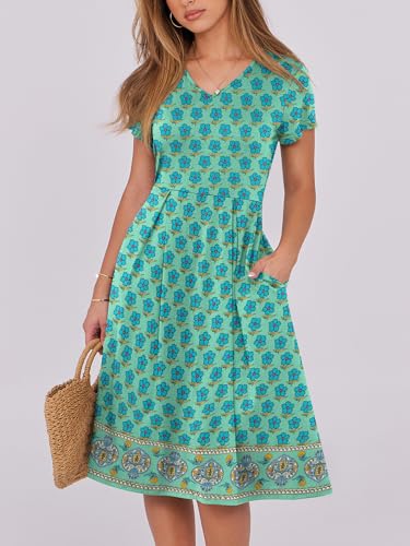 Image of ANRABESS Women Summer Dress Casual Short Sleeve V Neck A-Line Knee Length Pleated Flowy 2026 Fashion Midi Dresses with Pocket