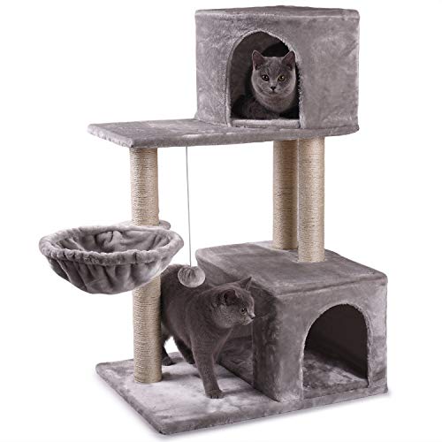 JS NOVA JUNS Cat Tree, Cat Tower with Sisal-Covered Scratching Posts Basket Fur Ball and 2 Cozy Condos Cat Furniture for Kitten Light Gray