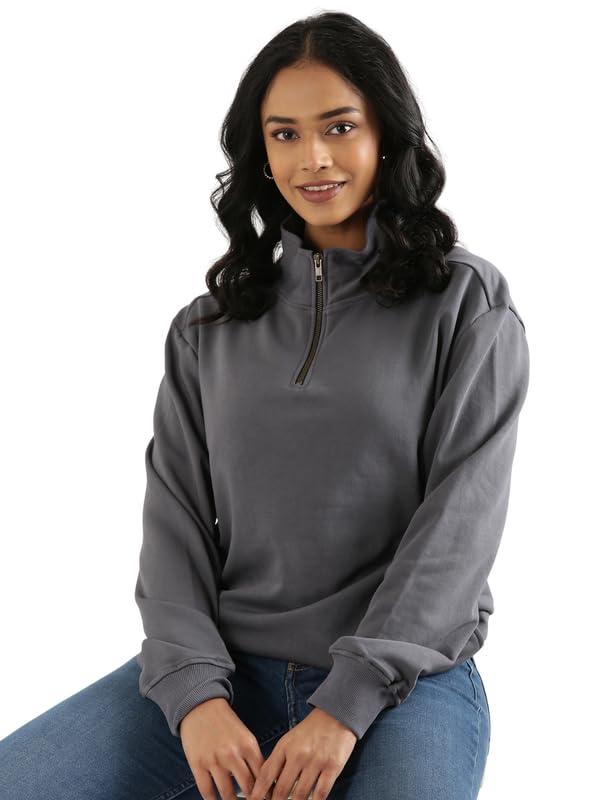 Image of SAADAA Unisex Zip Neck Sweatshirt | Quarter Zip High Neck | Cotton-Blend Fleece| Winter Wear Sweatshirt with Pockets | Casual Fit