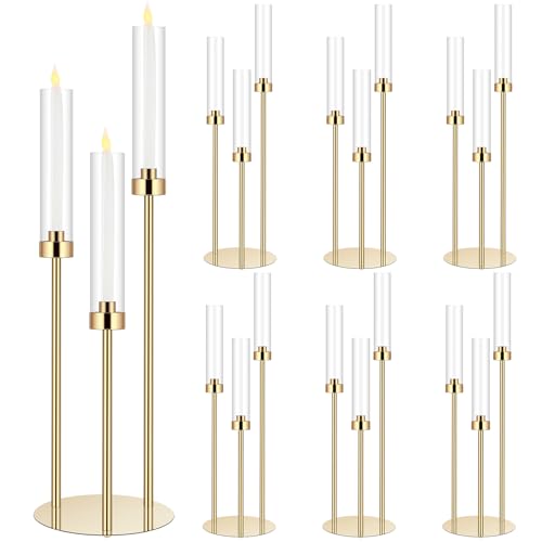Layhit 6 Set 3 Arm Acrylic Candelabra Table Centerpiece Wedding Tall Floor Candle Holder with Shade Pillar Taper Candle Stand for Easter Dining Party Anniversary Fit 0.87 LED Candle(30.7