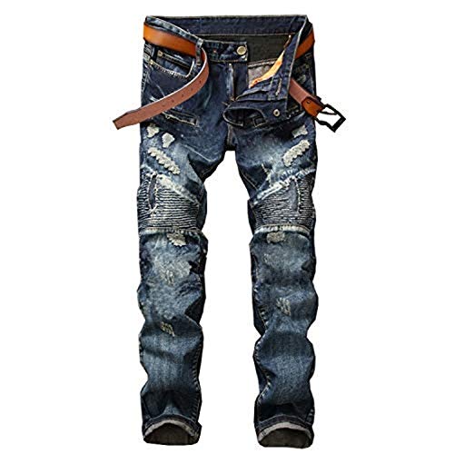 Men's Ripped Slim Straight Fit Biker Skinny Fit Denim Jeans with Zipper