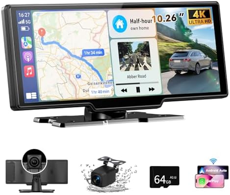 10.26" Carplay Screen for Car, Car Tablet Pro Max 2026 Car Play Screen with 4K Front and 1080P Rear Camera, Wireless CarPlay Android Auto Mirror Link AUX FM Bluetooth 64G SD Loop Recording
