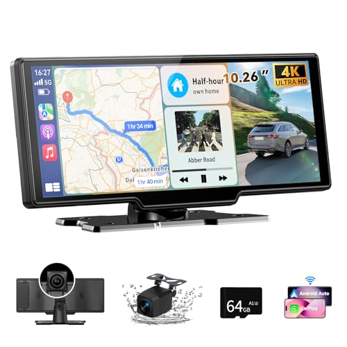 10.26 Carplay Screen for Car Car Tablet Pro Max 2026 Car Play Screen with 4K Front and 1080P Rear Camera Wireless CarPlay Android Auto Mirror Link AUX FM Bluetooth 64G SD Loop Recording