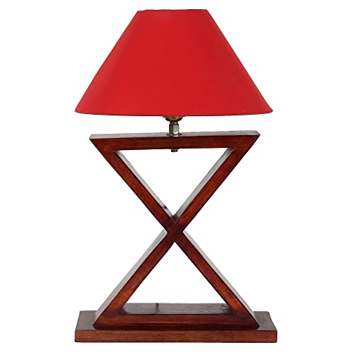 Image of tu casa Table Lamps with Mango Wood Base & Red Cotton Shades for Home Decor, Bedrooms, Living Room, Gifting, Diwali Decoration, Dining Space, Study Room, Hall (Height- 42cm) - Bulb not Included