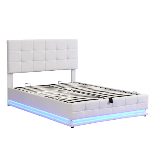 Base de cama tapizada con elevación hidráulica, cabecera ajustable de piel sintética con luces LED RGB y control remoto de aplicación, color blanco crema, tamaño doble
