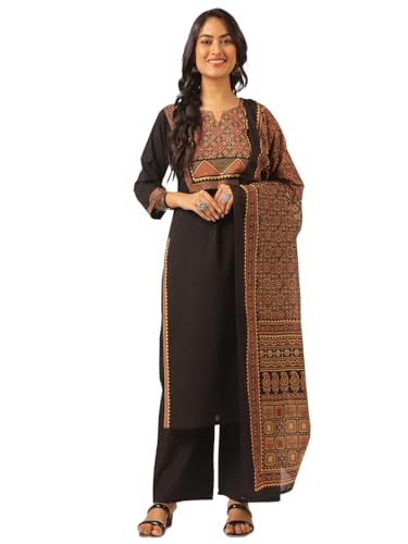 Image of Vbuyz Women Ajrakh With Yoke design Cotton Straight Kurta Set With Dupatta