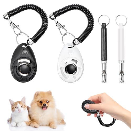 Feirdhoo Hunde Clicker,4 Stück Pet Training Clicker 2*Hundepfeife 2*Hunde Clicker Großem Knopf perfekt für Welpen und Dog Training und Erziehung Auch für Katzen Pferde (Schwarz + Weiß)