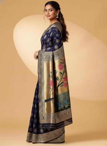 Buy Yashika Women's Banarasi Silk Jacquard Floral Woven Saree Blue - Image 4