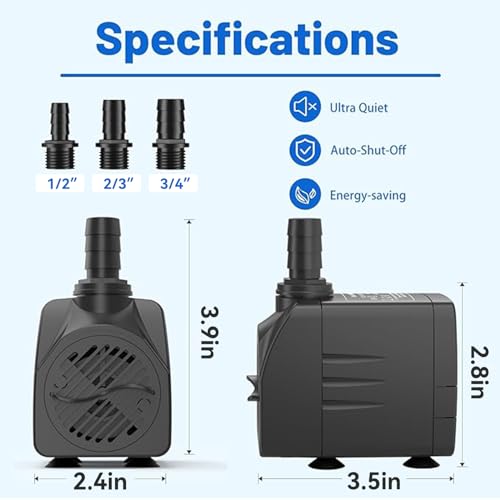 Image of Knifel Submersible Water Pump 400GPH with Auto Shut Off 6.5ft High Lift | Protection for Fountains, Hydroponics, Ponds, waterfall, Aquariums & More