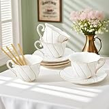 DUJUST Luxury Tea Cups and Saucers with Golden Trim, White Porcelain Tea Set of 4(7oz), British Style Coffee Cup Set, Beautiful Tea Set for Women, Tea Party Set, Gift Package - White