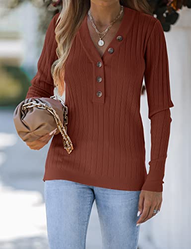 Merokeety Women's Long Sleeve V Neck Ribbed Button Knit Sweater Solid Color Tops Caramel #TOP1