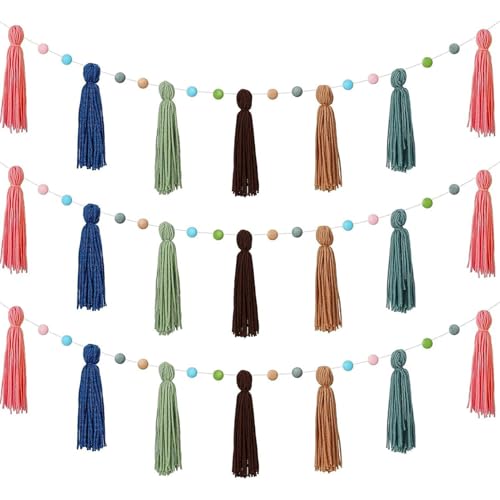 3-teilige Boho-Girlande mit Quasten und Holzperlen