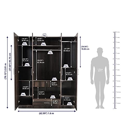 Image of Wakefit Wardrobe | 1 Year Warranty | Engineered Wood Almirah, Cupboard for Clothes Storage | 4 Door, 1 Drawer, 2 Hanging Space | Cashmere - Dark Brown