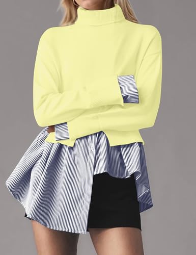 Image of MISSACTIVER Women Slit Turtleneck Patchwork Sweater 2 in 1 Buttons Down Pullover Knit Sweater Asymmetrical Hem Shirt Top