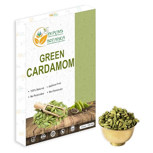 Herbs Botanica Green Cardamom Pods Whole 7-8mm size Elaichi for Culinary Delights and Aromatic Infusions Handpicked Fresh Fragnant and Flavorful Perfect for Cooking, Baking, and Brewing 100g / 3.5 oz