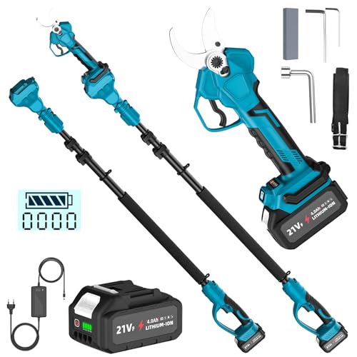 Tijeras De Podar Electricas 40mm, Con Pértiga Extensible 2,5M: Tijeras de Podar Bateria con 1 x 5,0 Ah batería, 1000W Motor sin Escobillas y 3 patrones de longitud: 1,6 m, 2,2 M, 2,8 M