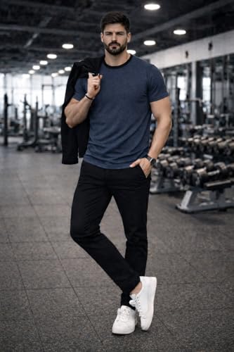 Image of Men's Solid Gym T-Shirt | Slim Fit Gym & Training Tee | Breathable Stretch Fabric | Round Neck Sports Wear for Workout