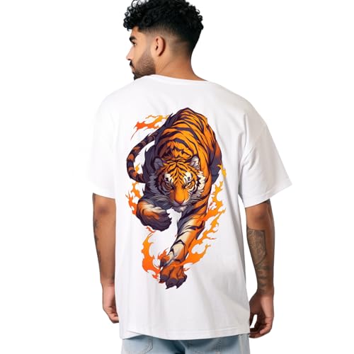 Image of prabhu bhakti Men's Oversized Maa Tiger Printed White T-Shirt |Tiger Back Print Drop Shoulder Pure Cotton Oversized Tshirt for Men