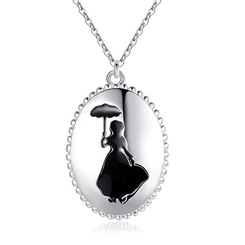 Mary Poppins Oval Disc Pendant Necklace Sterling Silver 925 Enameled Cable Chain Adjustable 16-17-18 Inch