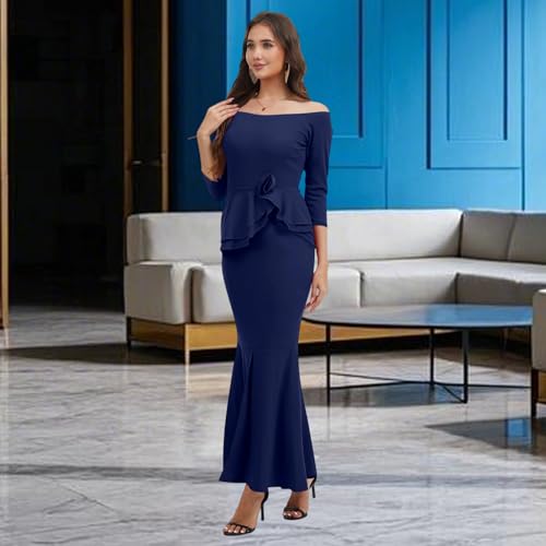 Image of Women's Elegant Formal Mermaid Maxi Dress Off Shoulder Long Sleeve Wedding Split Evening Gown Prom Cocktail Party Dresses