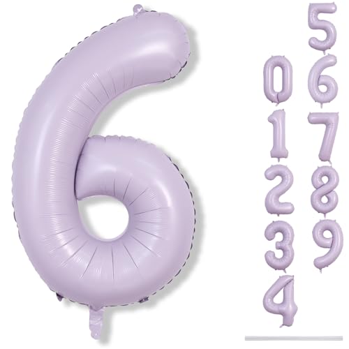 Image of 40 Inch Balloon Number 6 Light Purple, Large Foil Pastel Purple 6 Balloons Number for Women, Lavender Globos de Numero 6 Helium Balloons for Girls 6th Birthday Anniversary Graduation Party Decorations