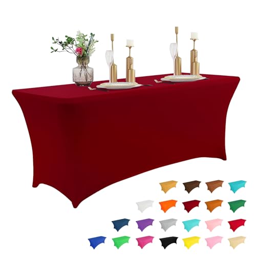 Image of IVAPUPU 6FT Table Cloth for Rectangular Fitted Events Stretch Burgundy Table Covers Washable Cover Spandex Tablecloth Protector for Party, Wedding, Cocktail, Banquet, Festival