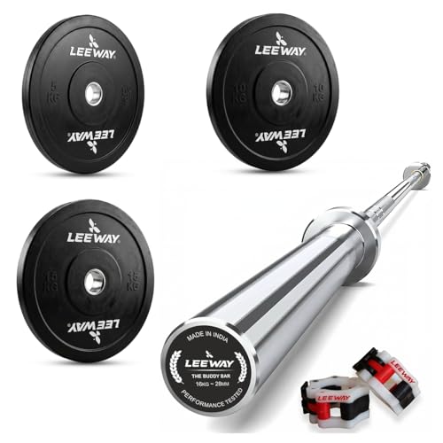 Image of Leeway Olympic Barbell with Bumper Weight Plates | 60 Kg Rubber Weight Plate Set and 7.2 Ft Chrome Gym Bar | Olympic Weightlifting Gym Plates for Home and Commercial (60kg Set (5X2+10X2+15X2))